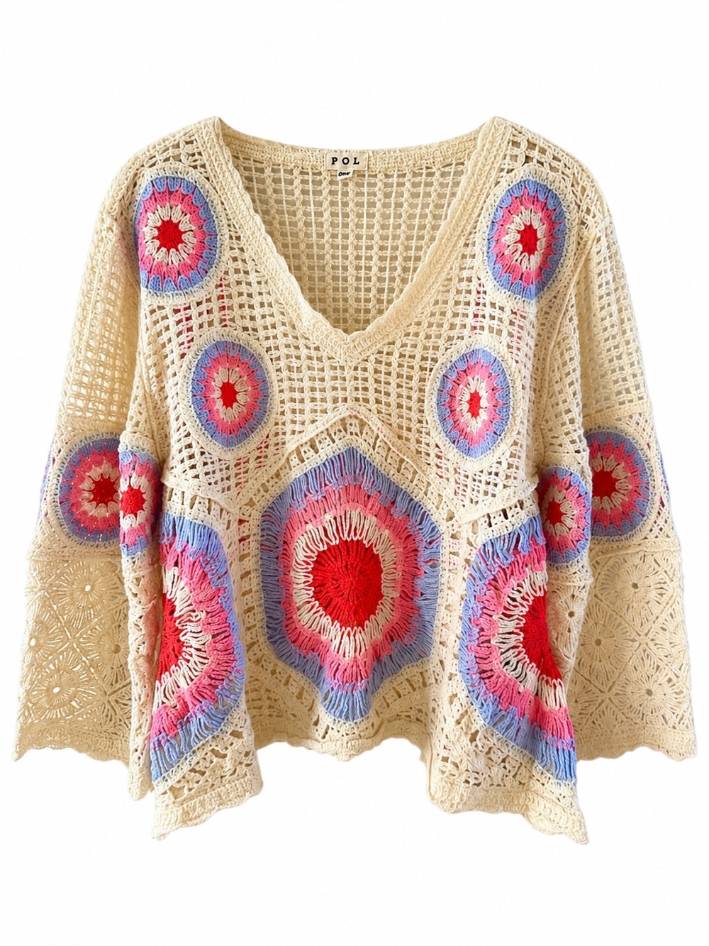 POL Cream Crochet Sweater with Red, Pink and Blue Medallions - NWOT/New In Pkg